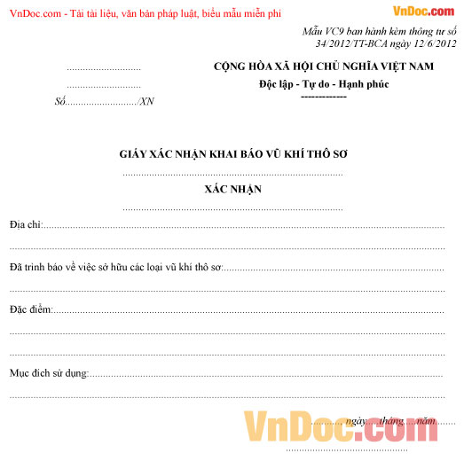 Giấy xác nhận khai báo vũ khí thô sơ