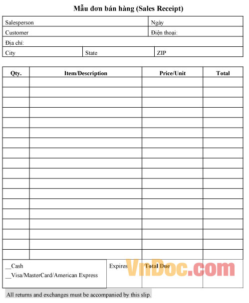 Mẫu đơn bán hàng (Sales Receipt)