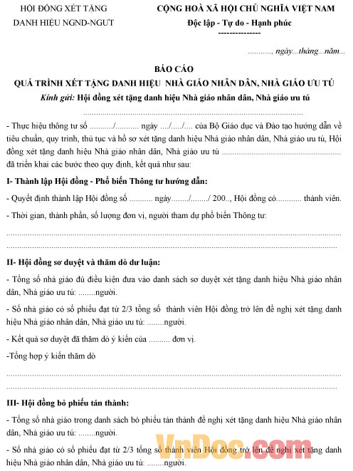 Mẫu báo cáo quá trình xét tặng danh hiệu Nhà giáo nhân dân, Nhà giáo ưu tú