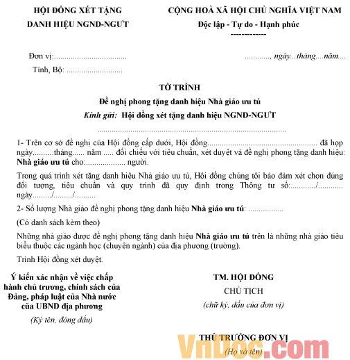 Mẫu đơn đề nghị phong tặng danh hiệu Nhà giáo ưu tú