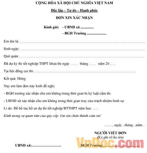 Mẫu đơn xin thi lại tốt nghiệp THPT