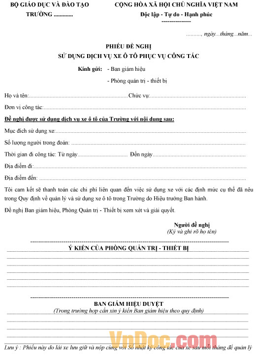 Phiếu đề nghị sử dụng dịch vụ xe công