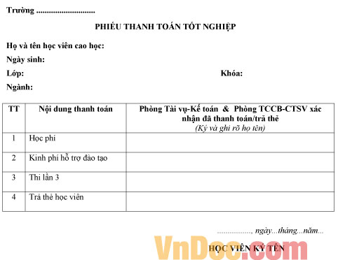 Mẫu phiếu thanh toán tốt nghiệp