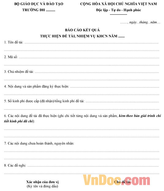 Mẫu báo cáo kết quả thực hiện đề tài, nhiệm vụ KHCN