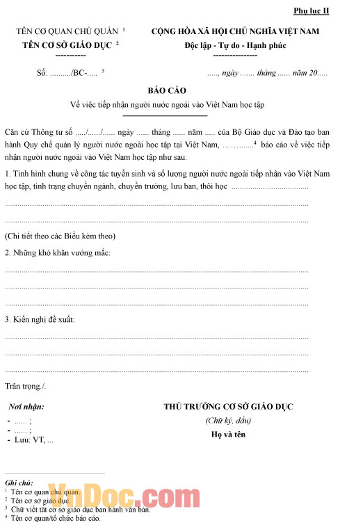 Báo cáo về việc tiếp nhận người nước ngoài vào Việt Nam học tập