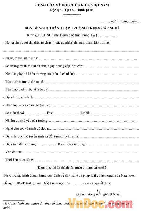 Mẫu đơn đề nghị thành lập trường trung cấp nghề