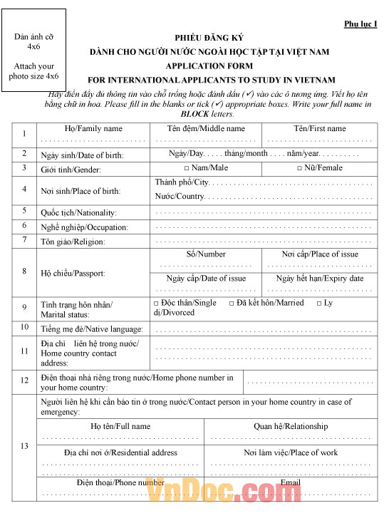 Phiếu đăng ký dành cho người nước ngoài học tập tại Việt Nam