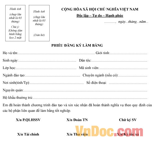 Mẫu phiếu đăng ký làm bằng
