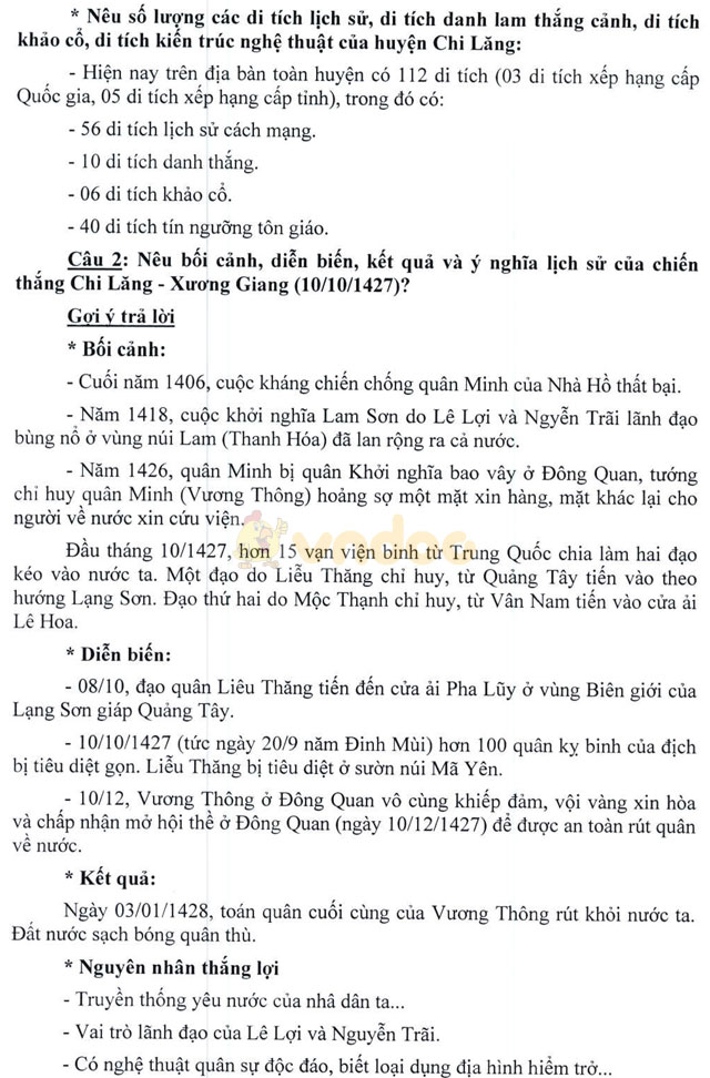 Đề cương gợi ý trả lời câu hỏi cuộc thi “Tìm hiểu lịch sử truyền thống huyện Chi Lăng"