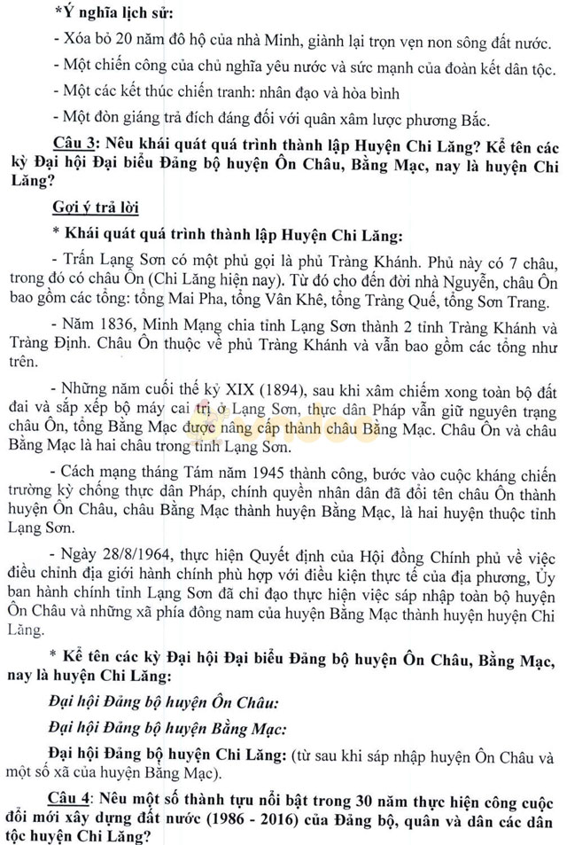 Đề cương gợi ý trả lời câu hỏi cuộc thi “Tìm hiểu lịch sử truyền thống huyện Chi Lăng"