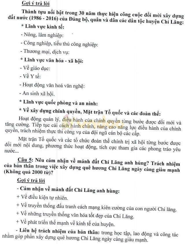 Đề cương gợi ý trả lời câu hỏi cuộc thi “Tìm hiểu lịch sử truyền thống huyện Chi Lăng"