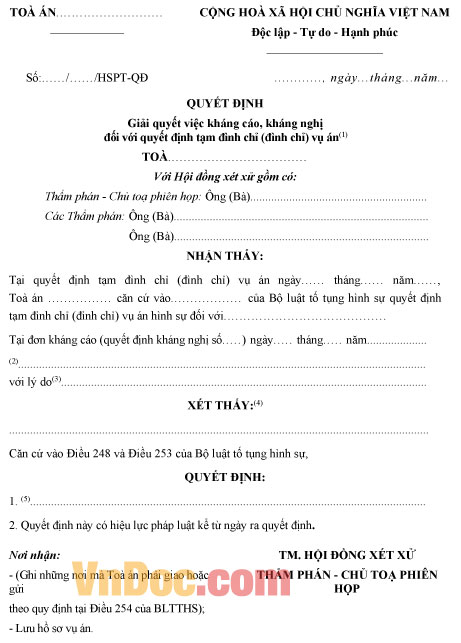 Mẫu quyết định giải quyết việc kháng cáo, kháng nghị