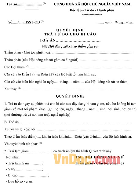 Mẫu quyết định trả tự do cho bị cáo