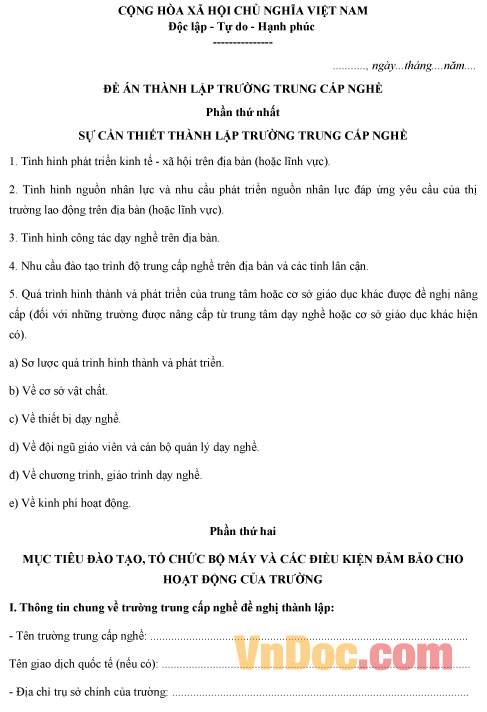 Mẫu đề án thành lập trường trung cấp nghề