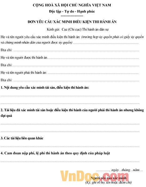 Đơn yêu cầu xác minh điều kiện thi hành án