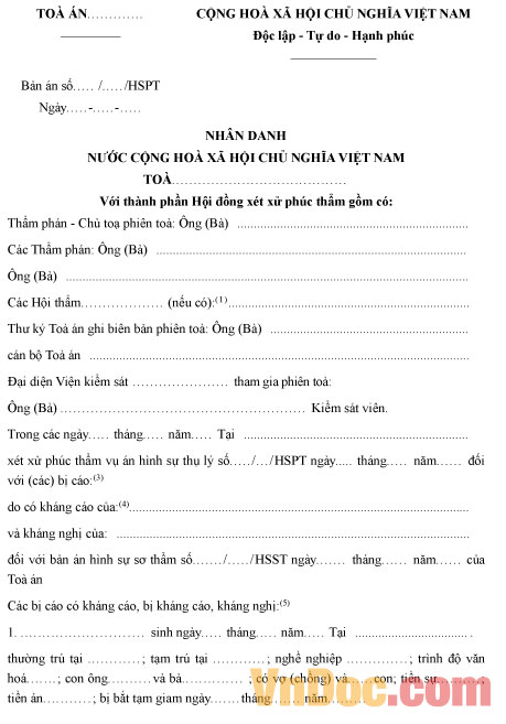 Mẫu bản án hình sự phúc thẩm