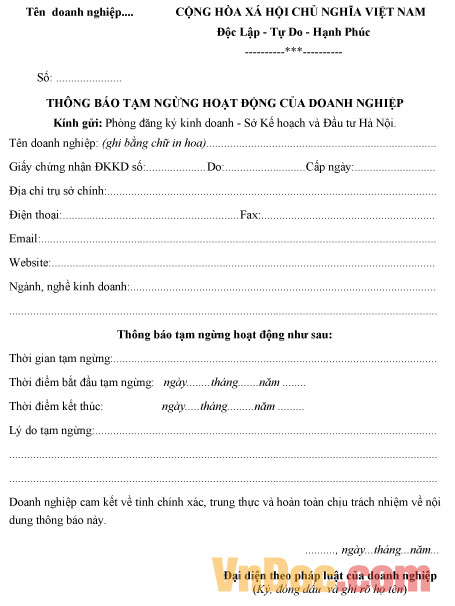 Thông báo tạm ngừng hoạt động của doanh nghiệp