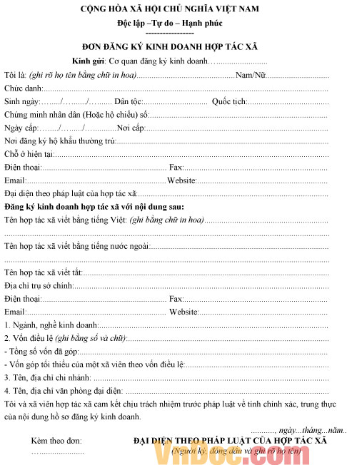 Mẫu đơn đăng ký kinh doanh hợp tác xã