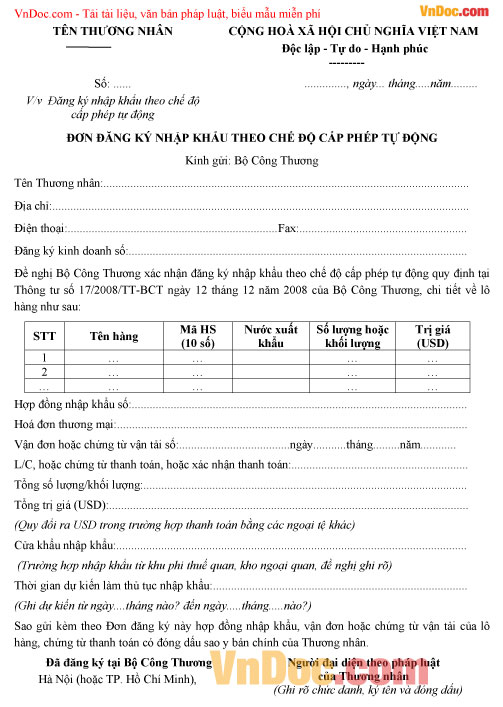 Mẫu đơn đăng ký nhập khẩu theo chế độ cấp phép tự động