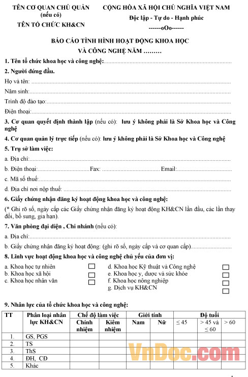 Mẫu báo cáo hoạt động Khoa học công nghệ hàng năm