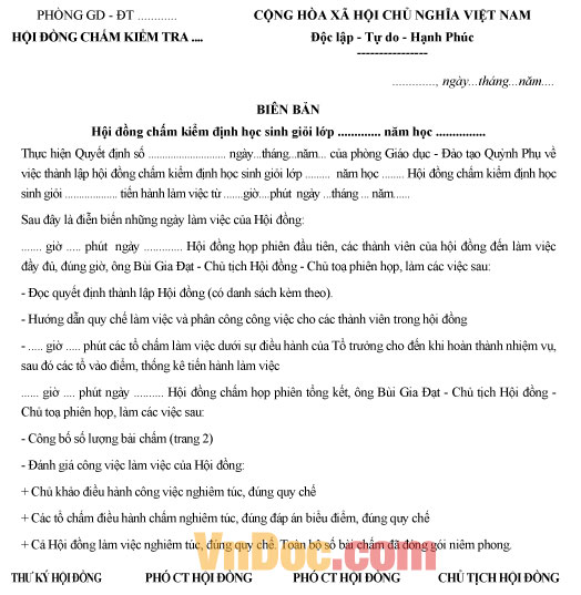 Mẫu biên bản chấm kiểm định học sinh giỏi