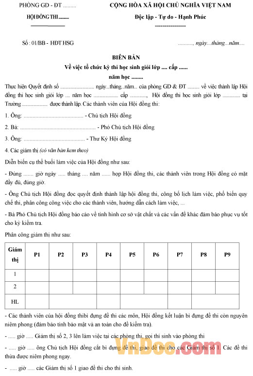 Mẫu biên bản về việc tổ chức kỳ thi học sinh giỏi năm học 2017-2018