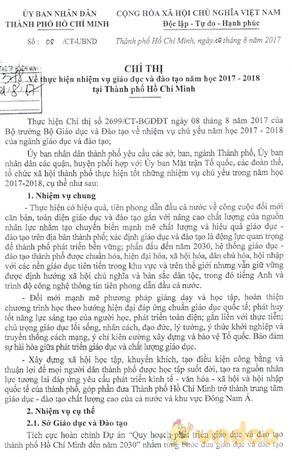 Nhiệm vụ năm học 2017-2018 của TP HCM