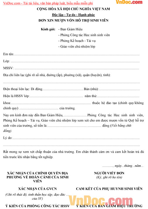 Mẫu đơn xin mượn vốn hỗ trợ sinh viên