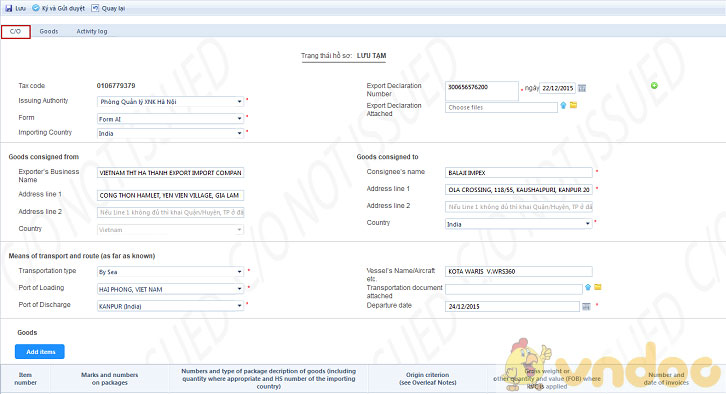 Trình tự khai báo C/O điện tử