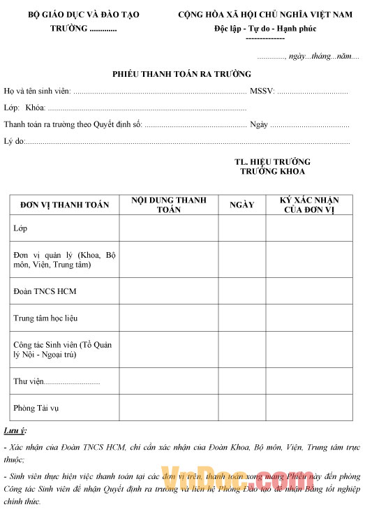 Mẫu phiếu thanh toán ra trường dành cho cá nhân