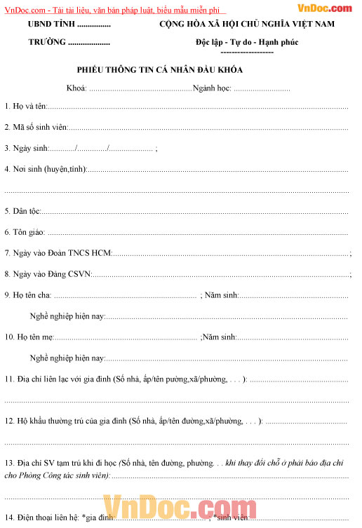 Mẫu phiếu thông tin cá nhân đầu khóa
