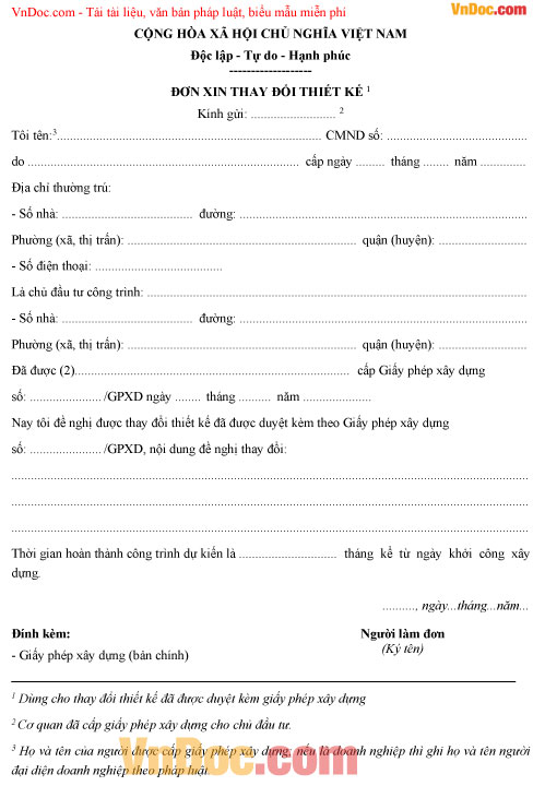 Đơn xin thay đổi thiết kế