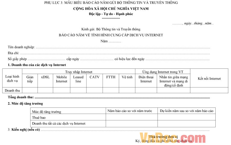 Mẫu báo cáo năm về tình hình cung cấp dịch vụ Internet