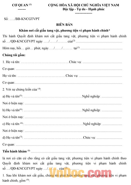 Mẫu biên bản khám nơi cất giấu tang vật, phương tiện vi phạm