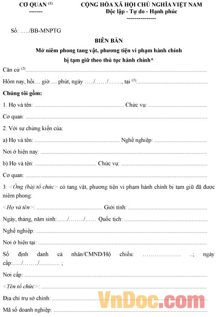 Mẫu biên bản mở niêm phong tang vật, phương tiện vi phạm