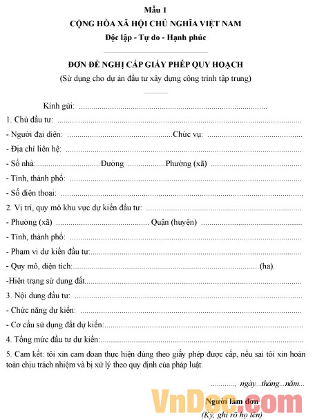 Mẫu đơn đề nghị cấp giấy phép quy hoạch