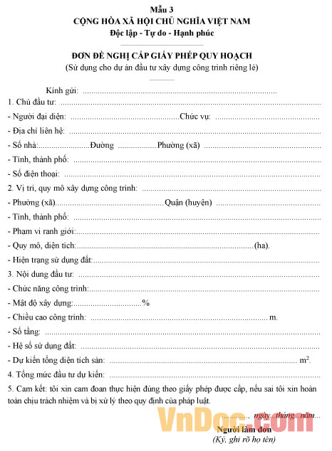 Mẫu đơn đề nghị cấp phép quy hoạch sử dụng cho công trình riêng lẻ