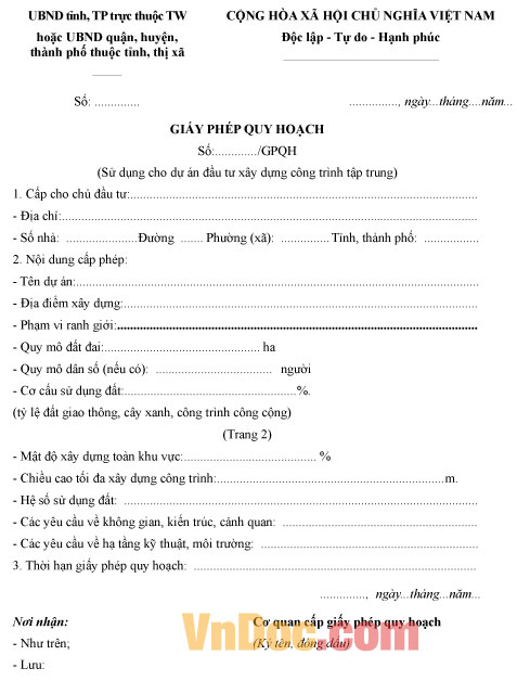Mẫu giấy phép quy hoạch