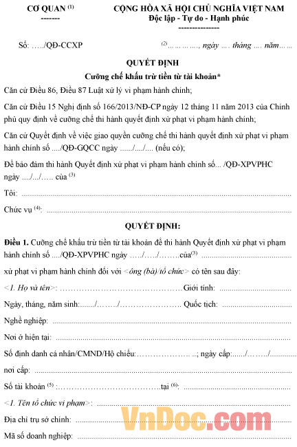Mẫu quyết định cưỡng chế khấu trừ tiền từ tài khoản