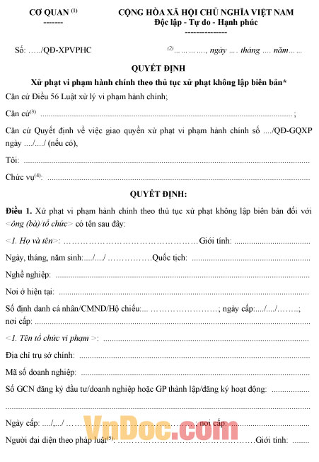 Mẫu quyết định xử phạt vi phạm hành chính theo thủ tục xử phạt không lập biên bản