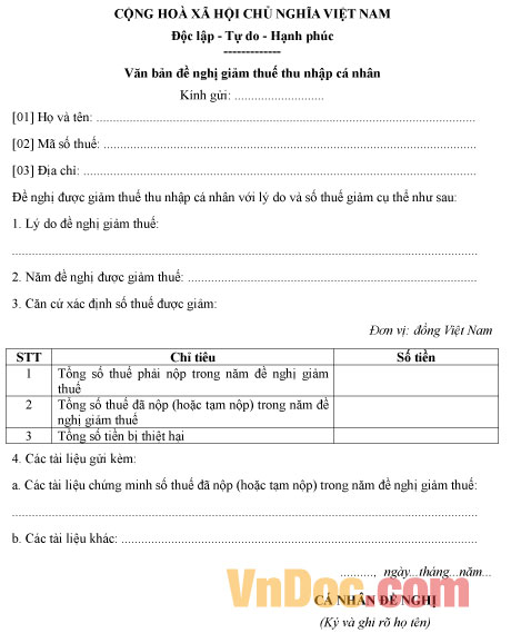 Mẫu văn bản đề nghị giảm thuế thu nhập cá nhân