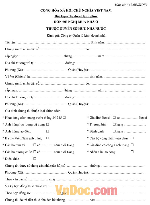 Mẫu đơn đề nghị mua nhà Nhà nước