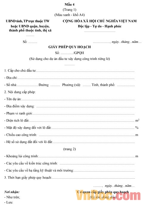 Mẫu giấy phép quy hoạch sử dụng cho dự án xây dựng công trình riêng lẻ