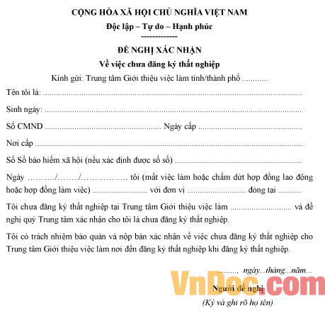 Mẫu đơn đề nghị xác nhận chưa đăng ký thất nghiệp