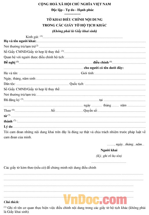 Mẫu tờ khai điều chỉnh nội dung trong các giấy tờ hộ tịch khác (không phải Giấy khai sinh)