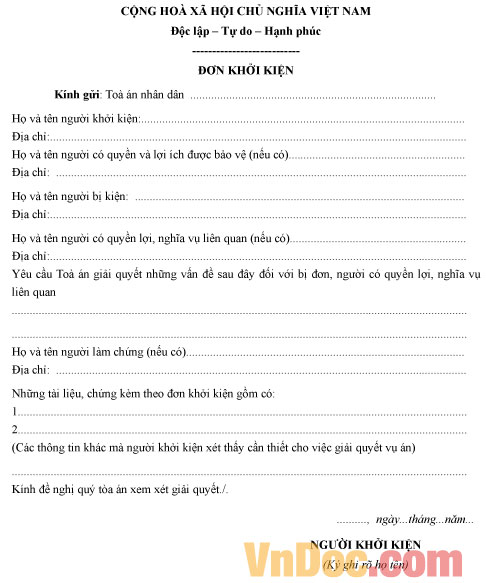 Đơn khởi kiện kết hôn trái pháp luật