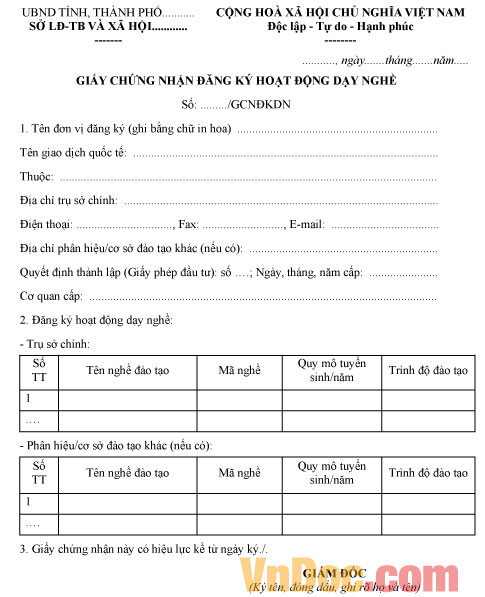Mẫu giấy chứng nhận đăng ký hoạt động dạy nghề