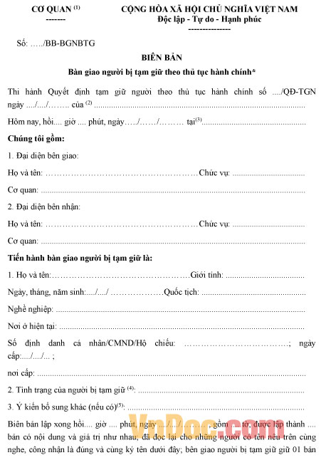 Mẫu biên bản bàn giao người bị tạm giữ theo thủ tục hành chính