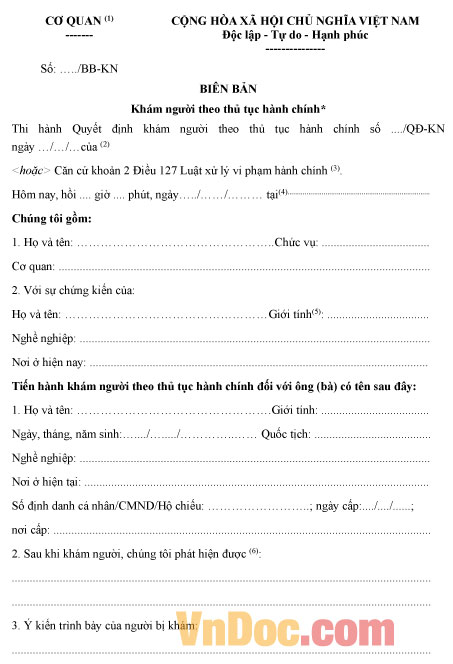 Mẫu biên bản khám người theo thủ tục hành chính