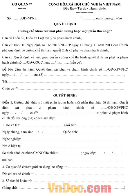 Mẫu quyết định cưỡng chế khấu trừ một phần lương và một phần thu nhập